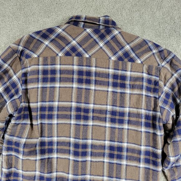 VTG Outdoor Exchange Flannel Shacket M Brown Blue Plaid Buttons Quilt Lined 90s - Picture 10 of 11